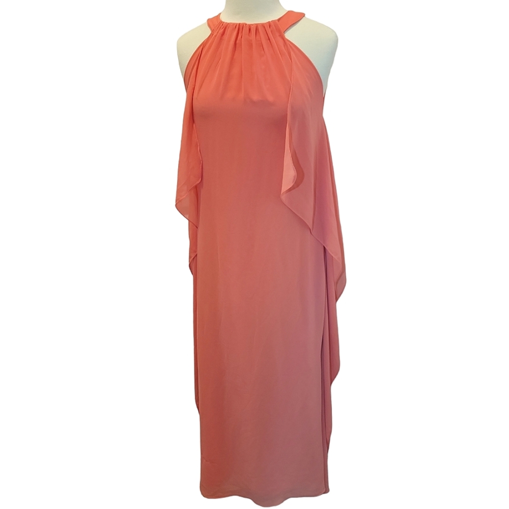 Belle Badgley Mischka Peach High Neck Halter Layered Free Flowy Formal Dress 2